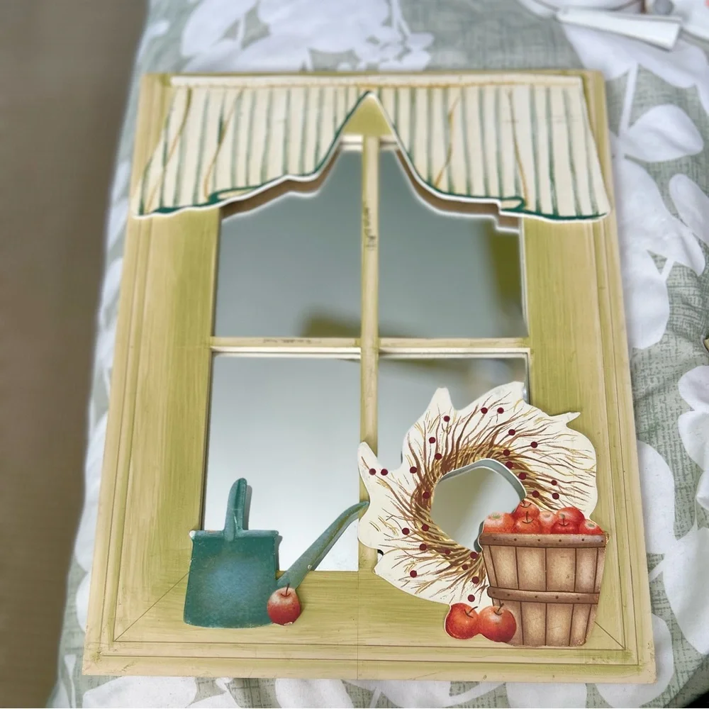 VTG Farmhouse Cottage Watering Can & Apples in Bucket Cottagecore Mirror